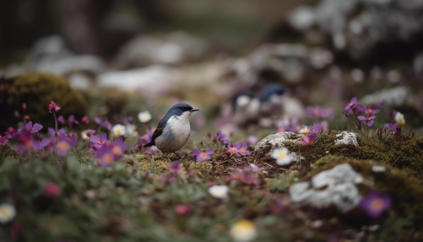 un linda pájaro encaramado en un rama, rodeado por púrpura flores generado por ai foto