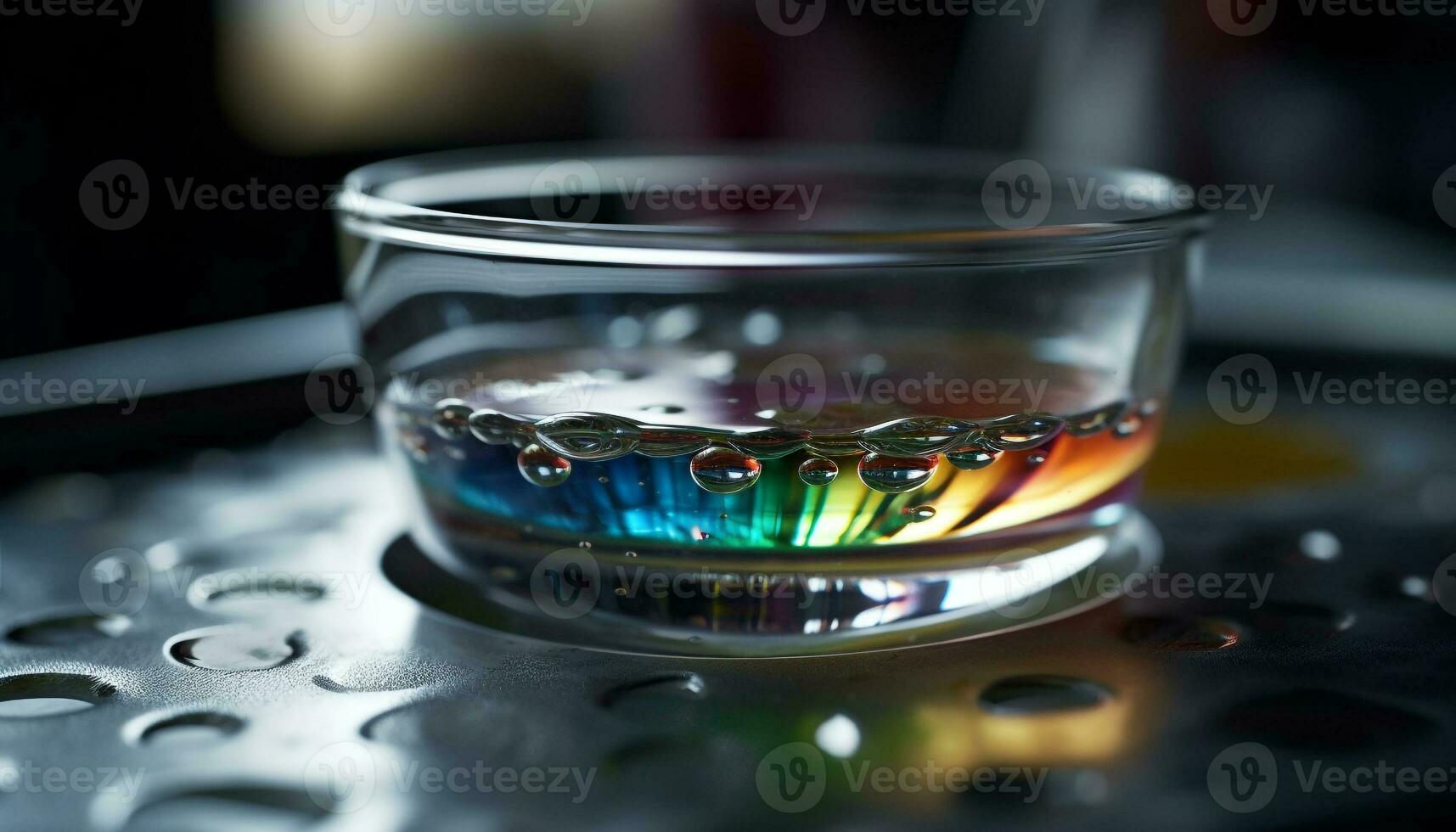Close up of a wet glass reflecting blue liquid and ice generated by AI photo