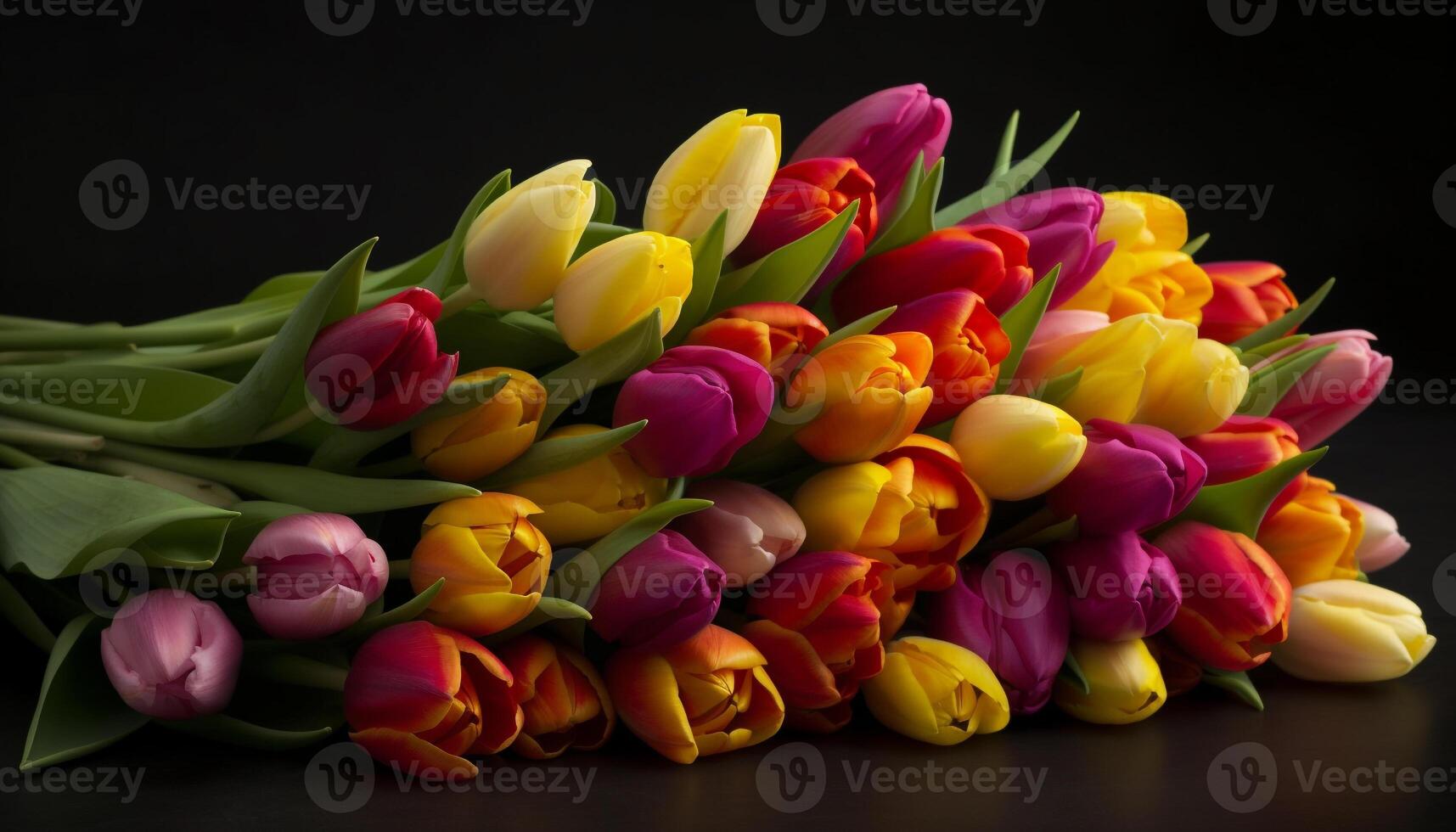 A vibrant bouquet of multi colored tulips brings freshness to springtime generated by AI photo