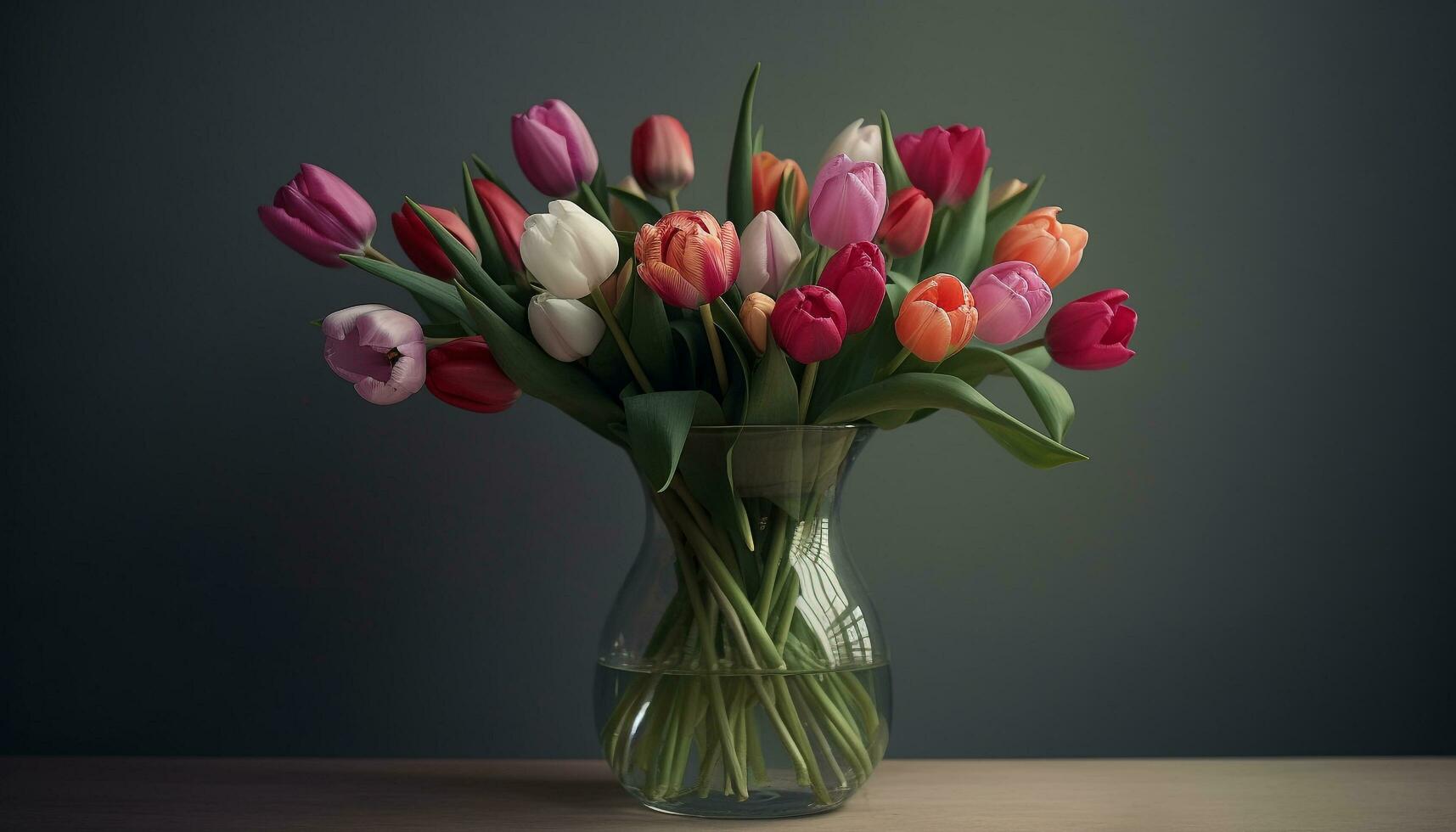 A vibrant bouquet of multi colored tulips brings freshness to nature generated by AI photo