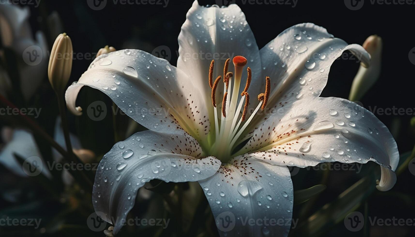 Bright pink flower head with wet petals in a dark background generated by AI photo