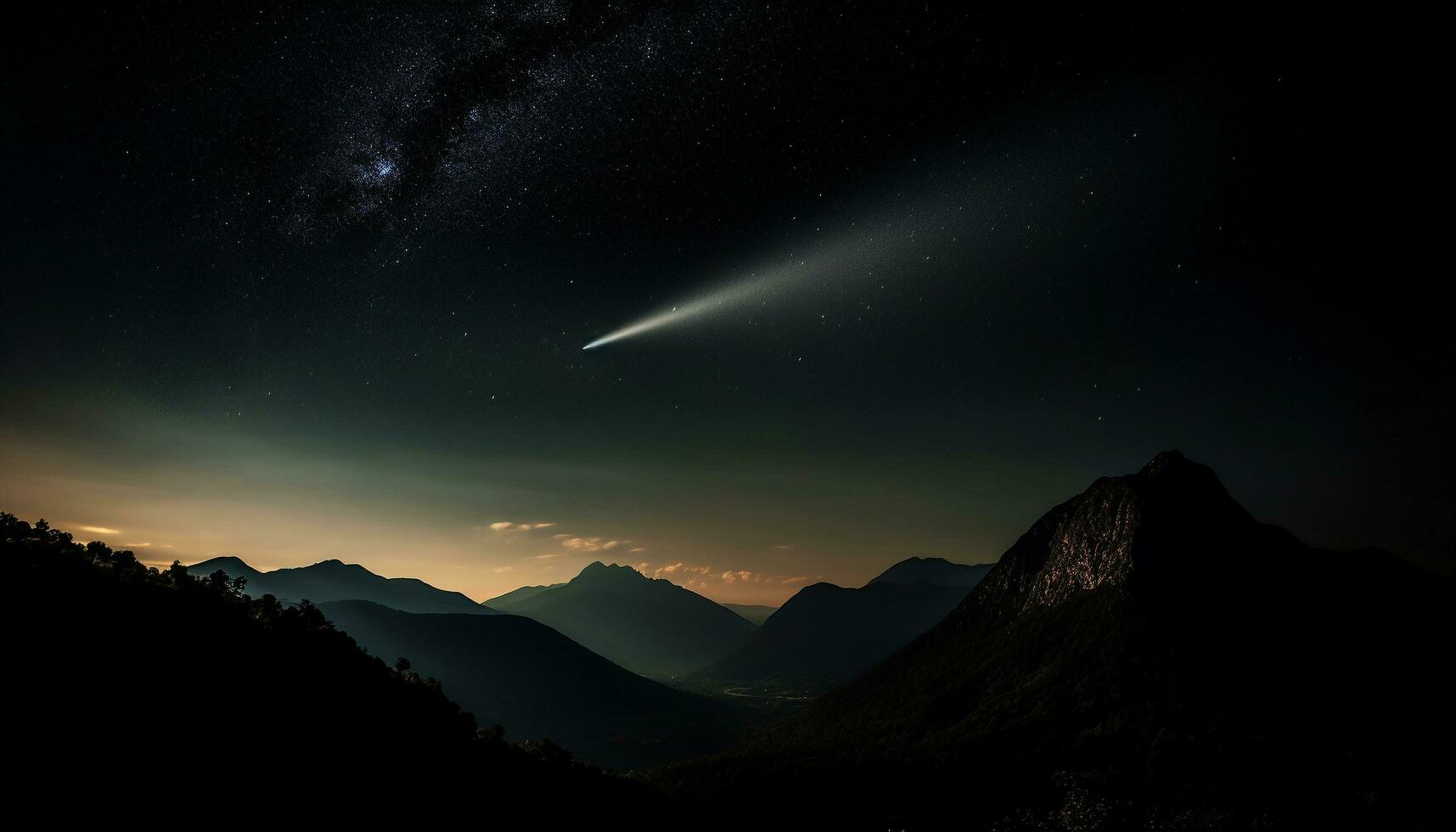 Majestic mountain peak illuminated by star trail in the night generated by AI photo