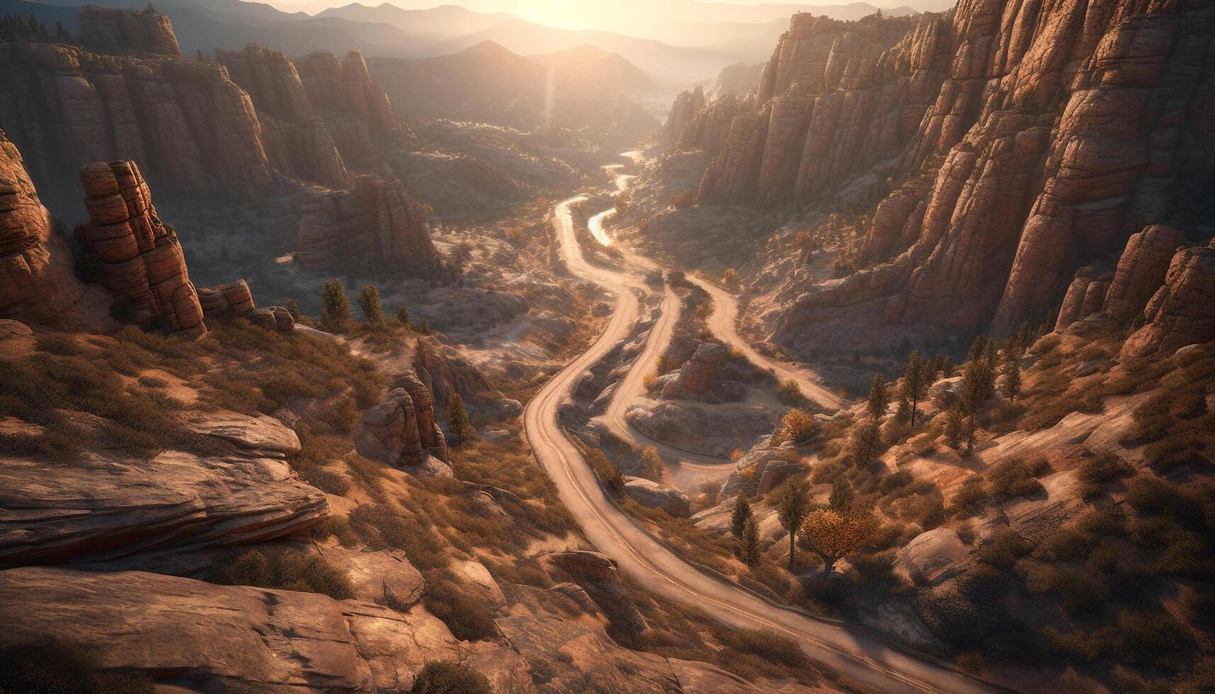 Majestic mountain peak, eroded sandstone cliff, sunset over stunning landscape generated by AI photo