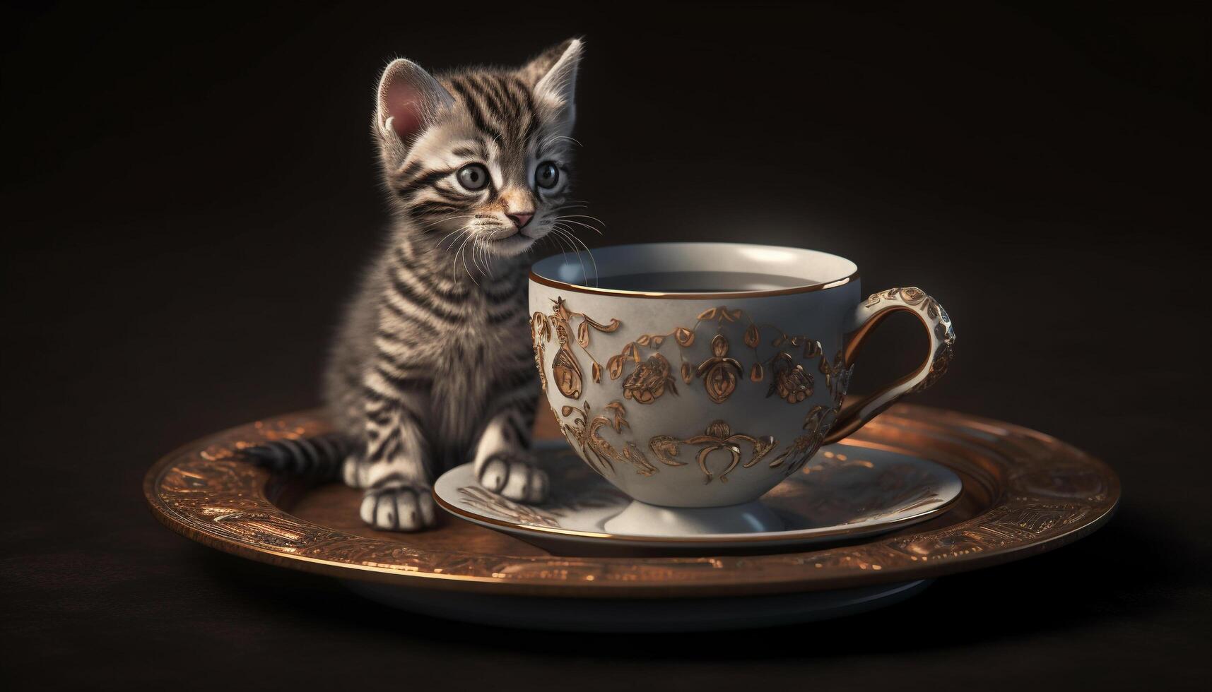 Cute kitten drinking milk from saucer on wooden table generated by AI photo