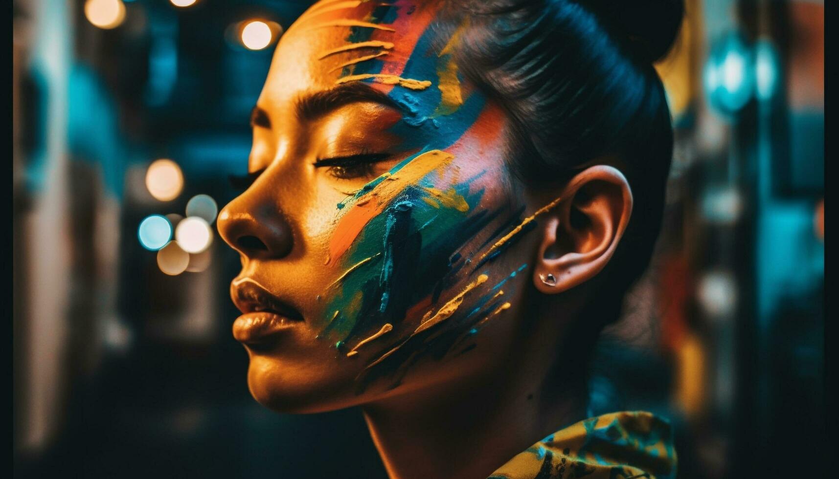 Young woman with brown hair, illuminated in the dark city generated by AI photo