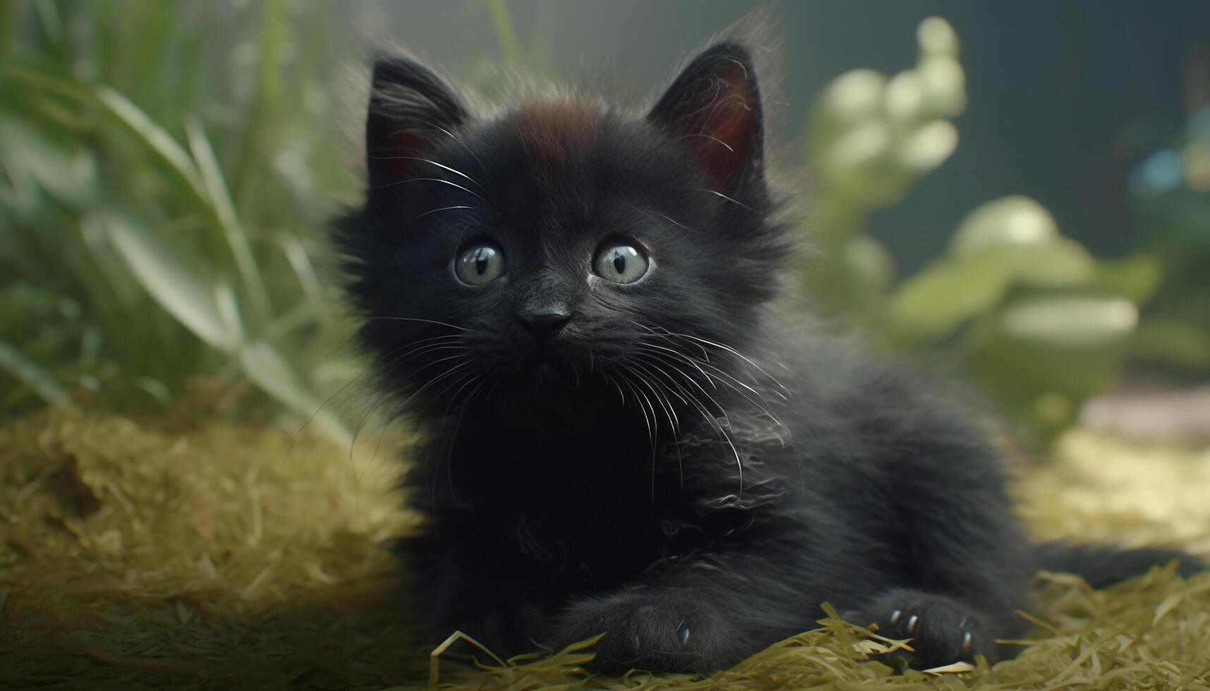 Cute kitten sitting on grass, staring with playful curiosity generated by AI photo
