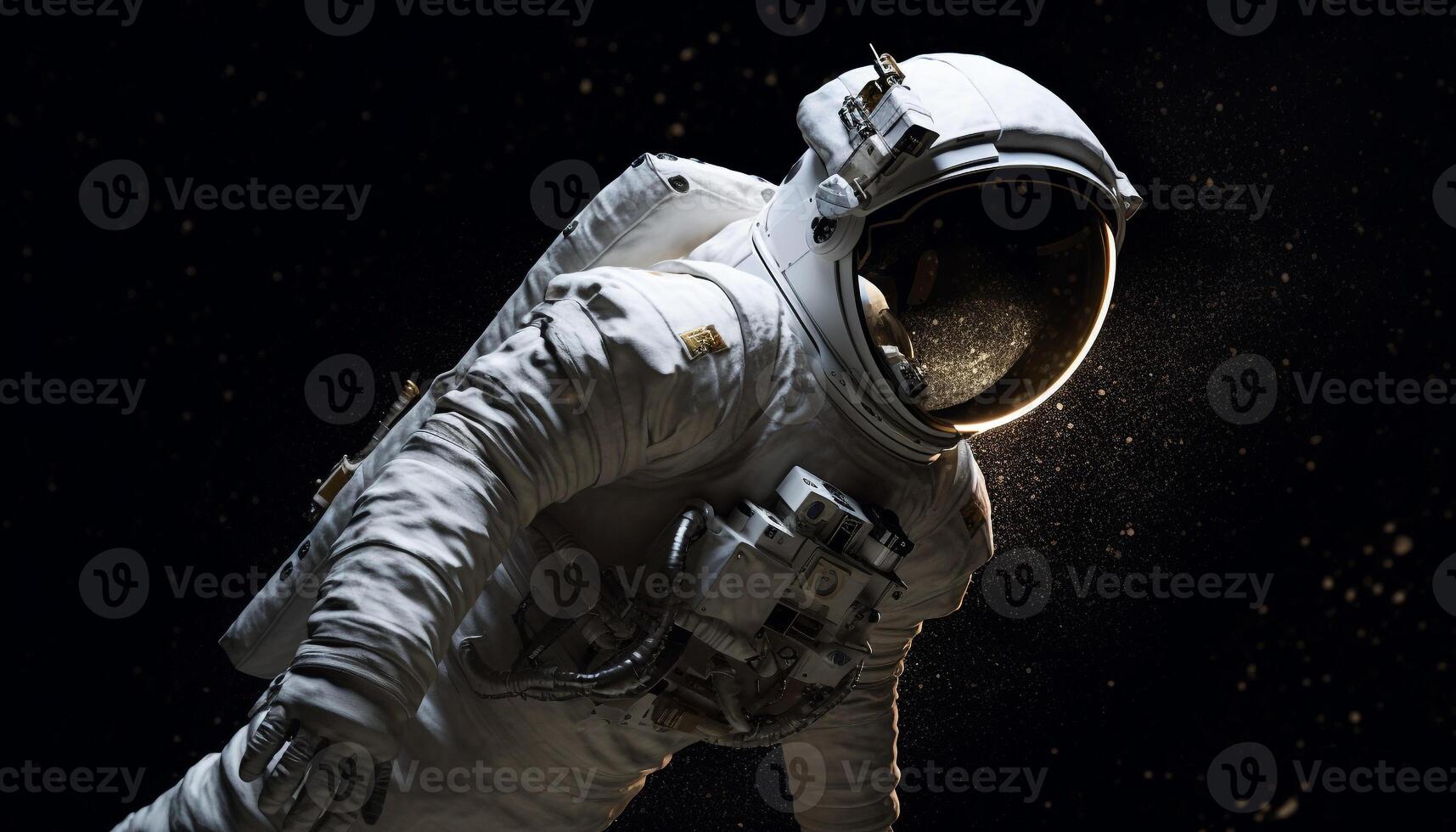 Futuristic astronaut in black space suit explores galaxy generated by AI photo