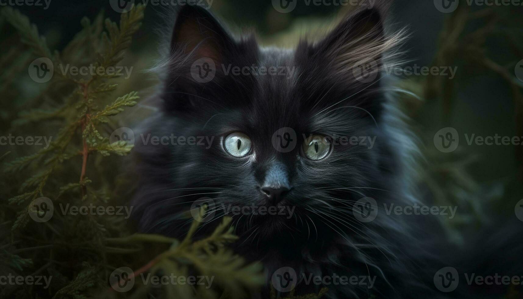 Cute kitten sitting in grass, staring with curious blue eyes generated by AI photo