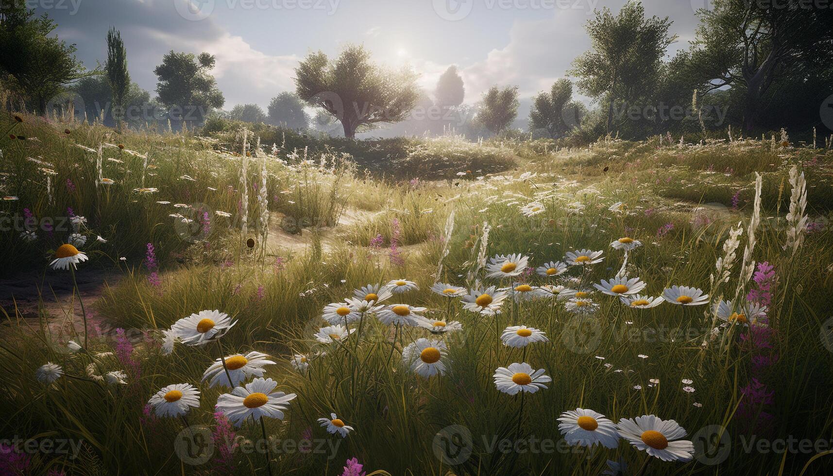A meadow of daisies, bathed in sunlight, paints a tranquil scene generated by AI photo