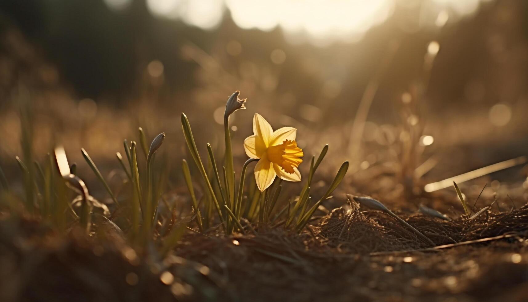 The yellow flower blossoms in the meadow, surrounded by nature generated by AI photo