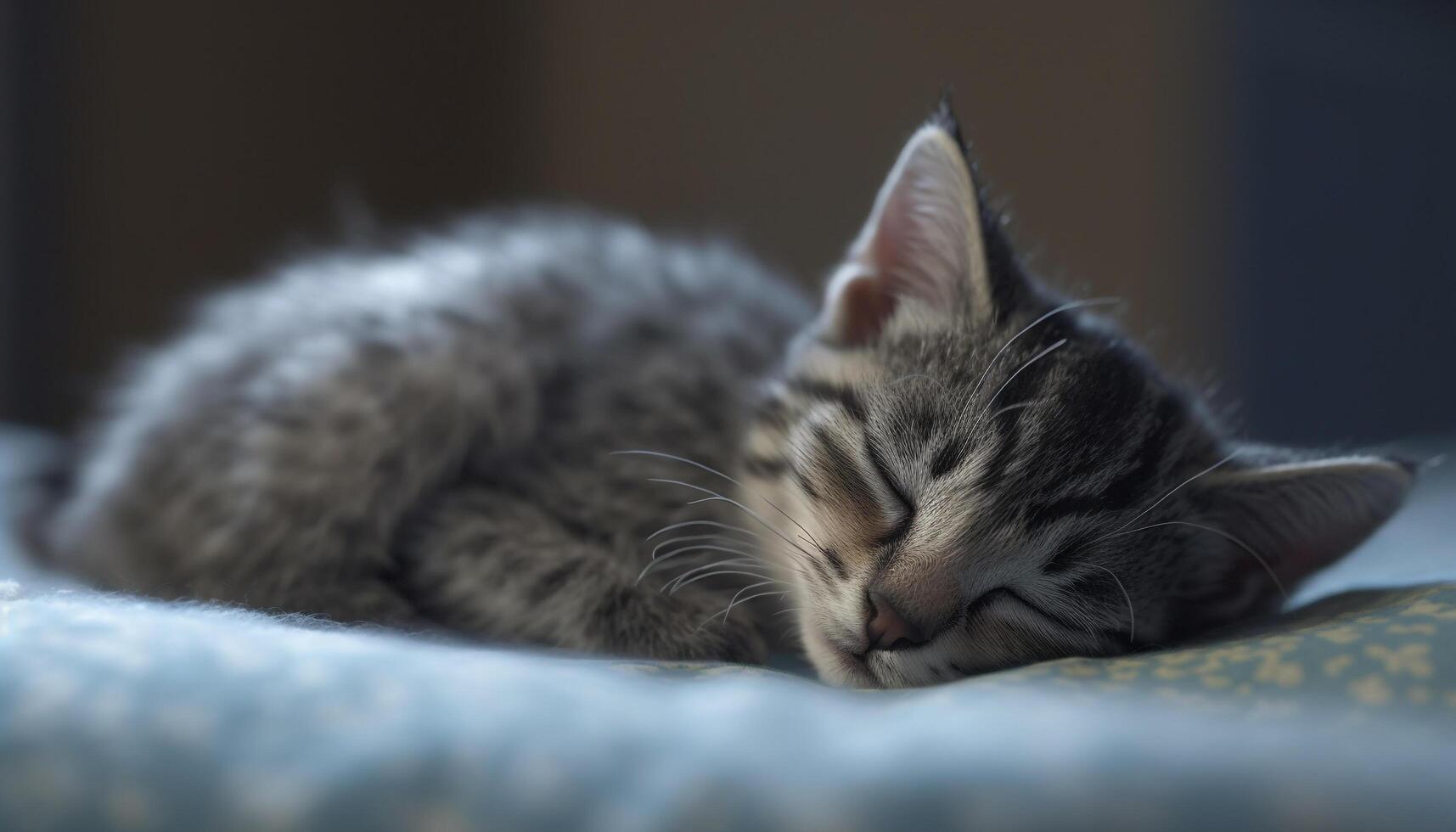 linda Doméstico gato durmiendo, descansando en un suave almohada adentro generado por ai foto