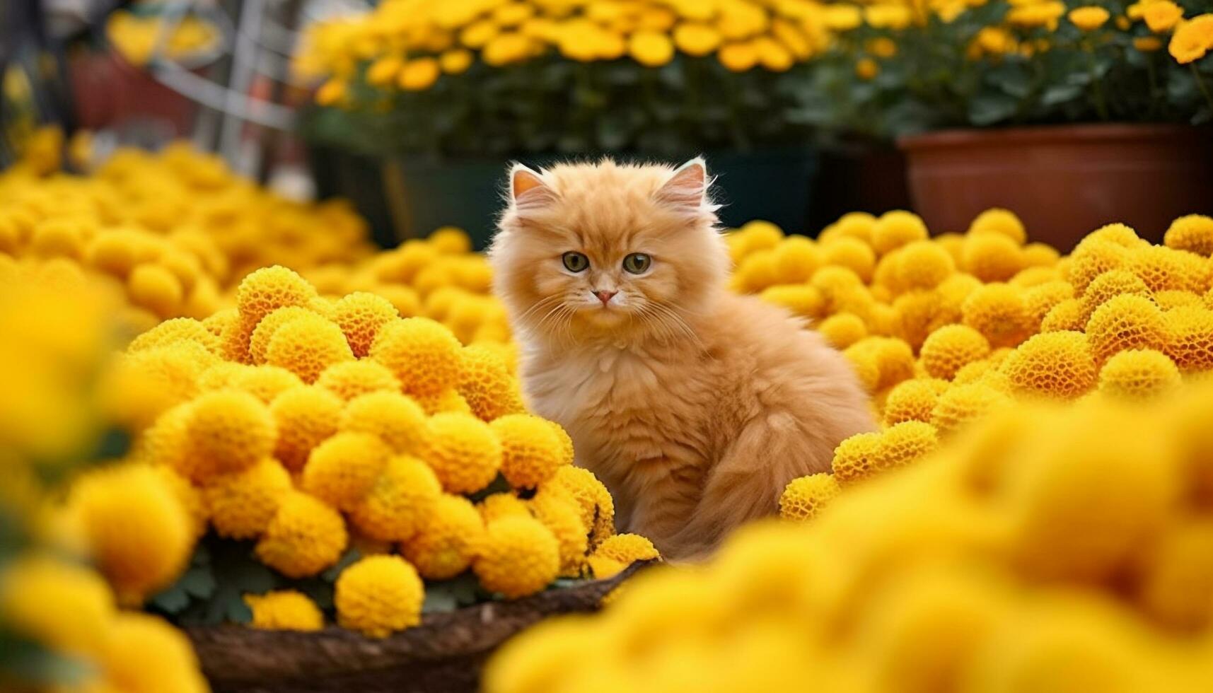 linda gatito sentado al aire libre, rodeado por amarillo flores, mullido piel generado por ai foto