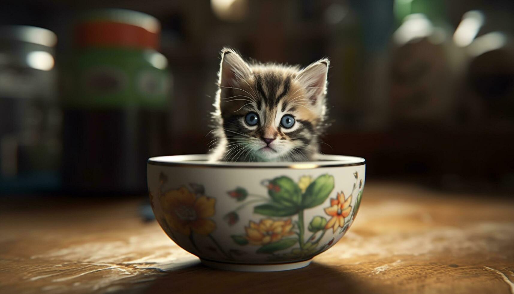 linda gatito sentado en mesa, curioso a cámara con curiosidad generado por ai foto