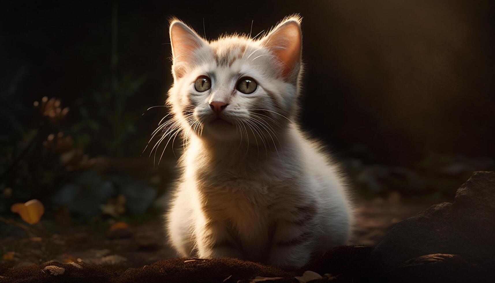 Cute kitten sitting in grass, staring at camera with curiosity generated by AI photo