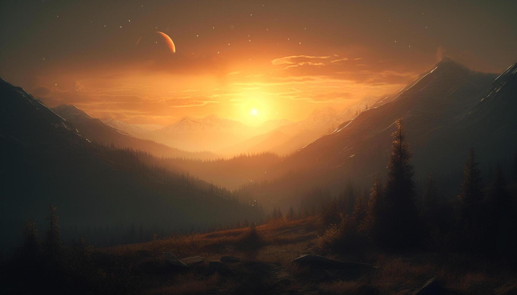 Nature beauty in a mountain forest, outdoors, landscape, and sunset generated by AI photo