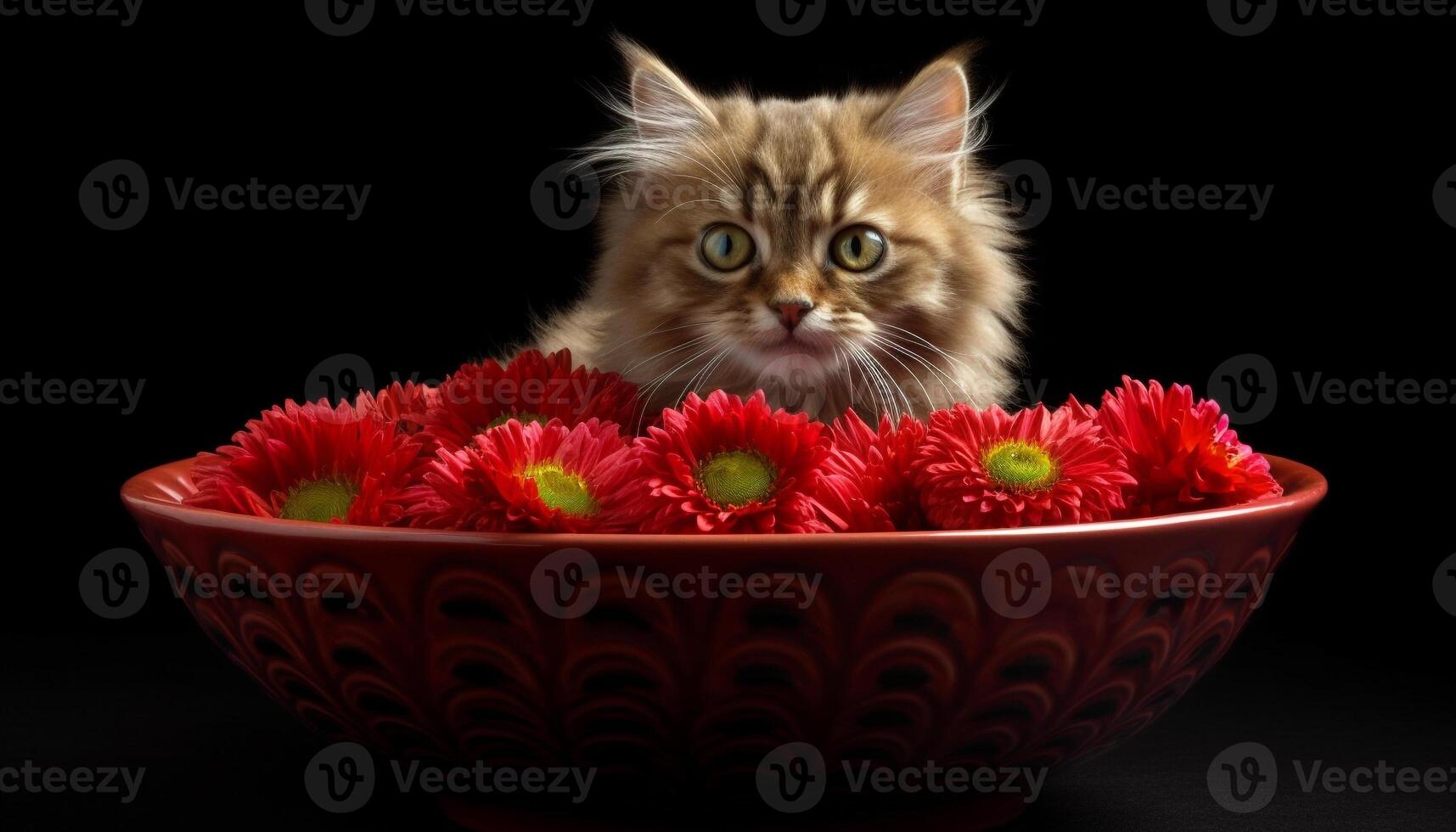 Cute kitten sitting, looking at camera, surrounded by yellow flowers generated by AI photo