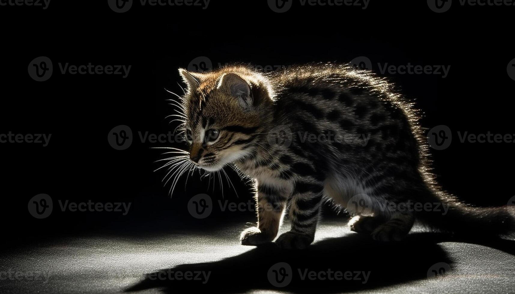 linda gatito con a rayas pelo, sesión, mirando a cámara generado por ai foto