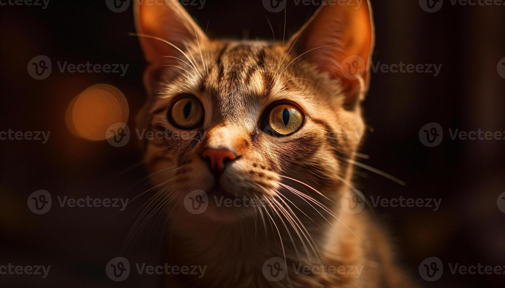 Cute kitten sitting, staring with yellow eyes, fluffy fur, playful generated by AI photo