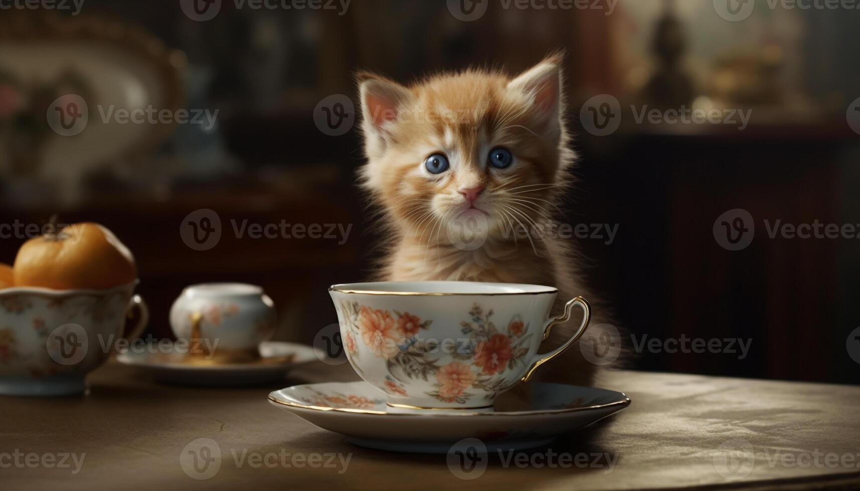 Cute domestic cat sitting on table, drinking milk from saucer generated by AI photo