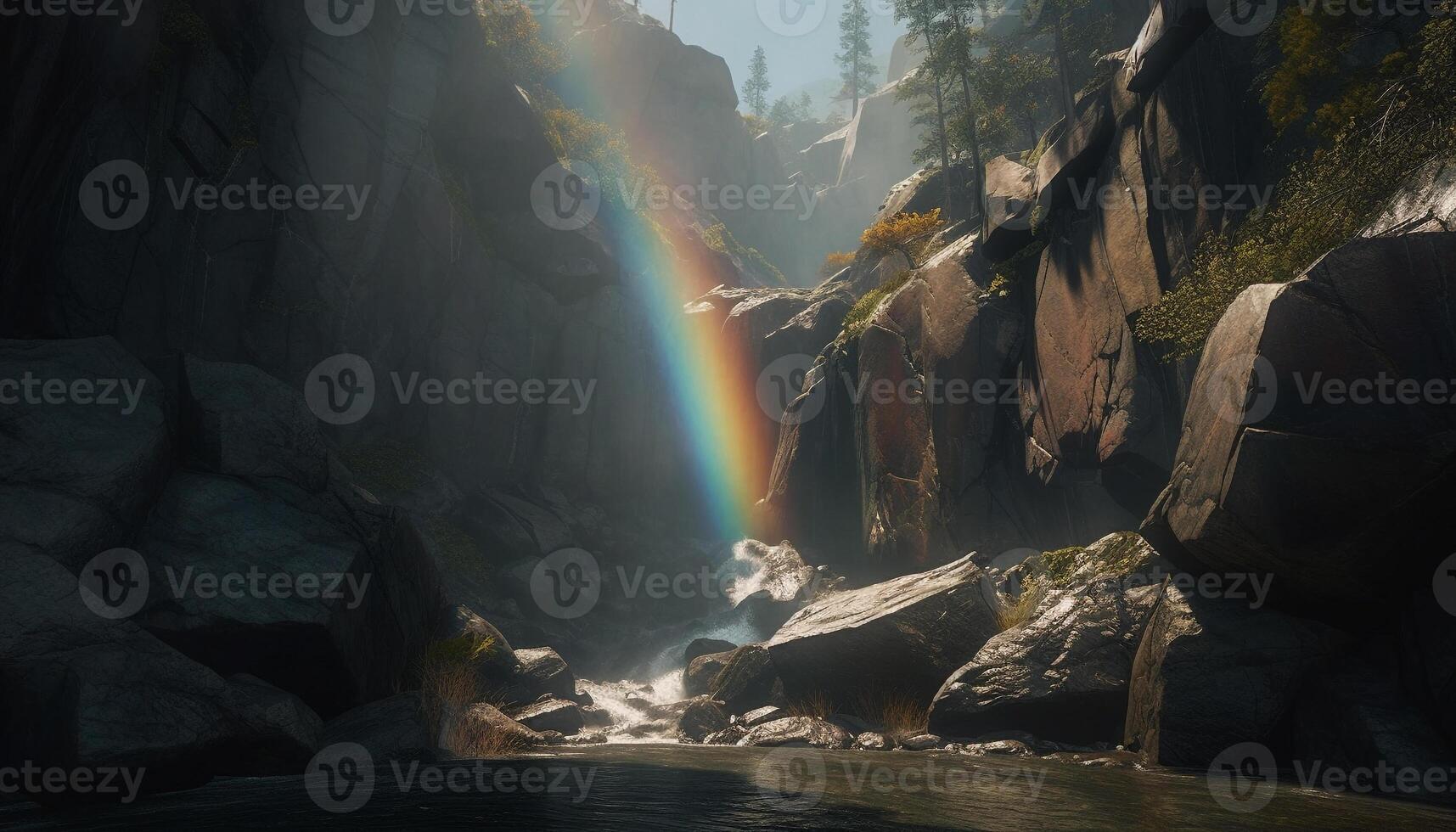 A majestic mountain peak, surrounded by a tranquil forest ravine generated by AI photo