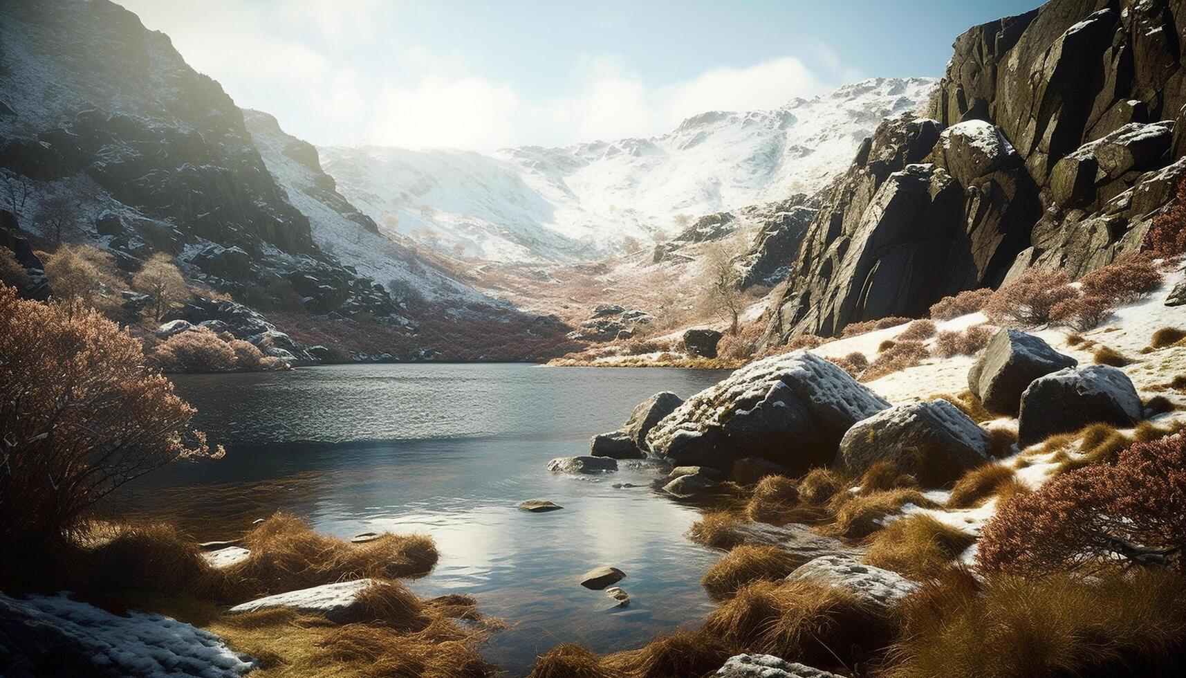 Majestic mountain peak, tranquil scene, flowing water, frozen beauty generated by AI photo