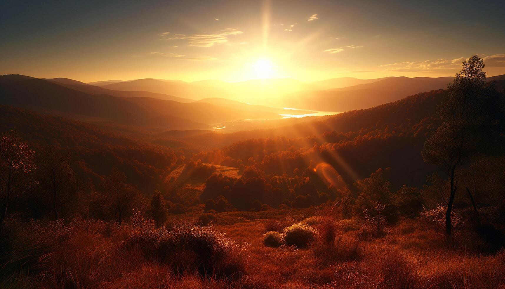 puesta de sol terminado el montaña rango, un tranquilo escena de natural belleza generado por ai foto