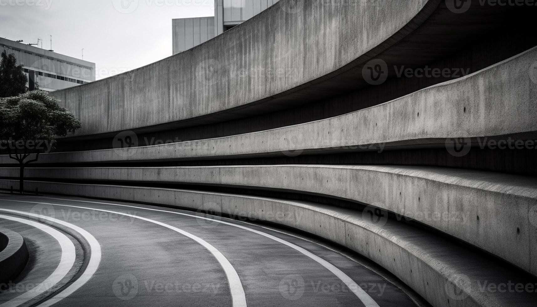 Futuristic concrete architecture curves, vanishing point, black and white cityscape generated by AI photo