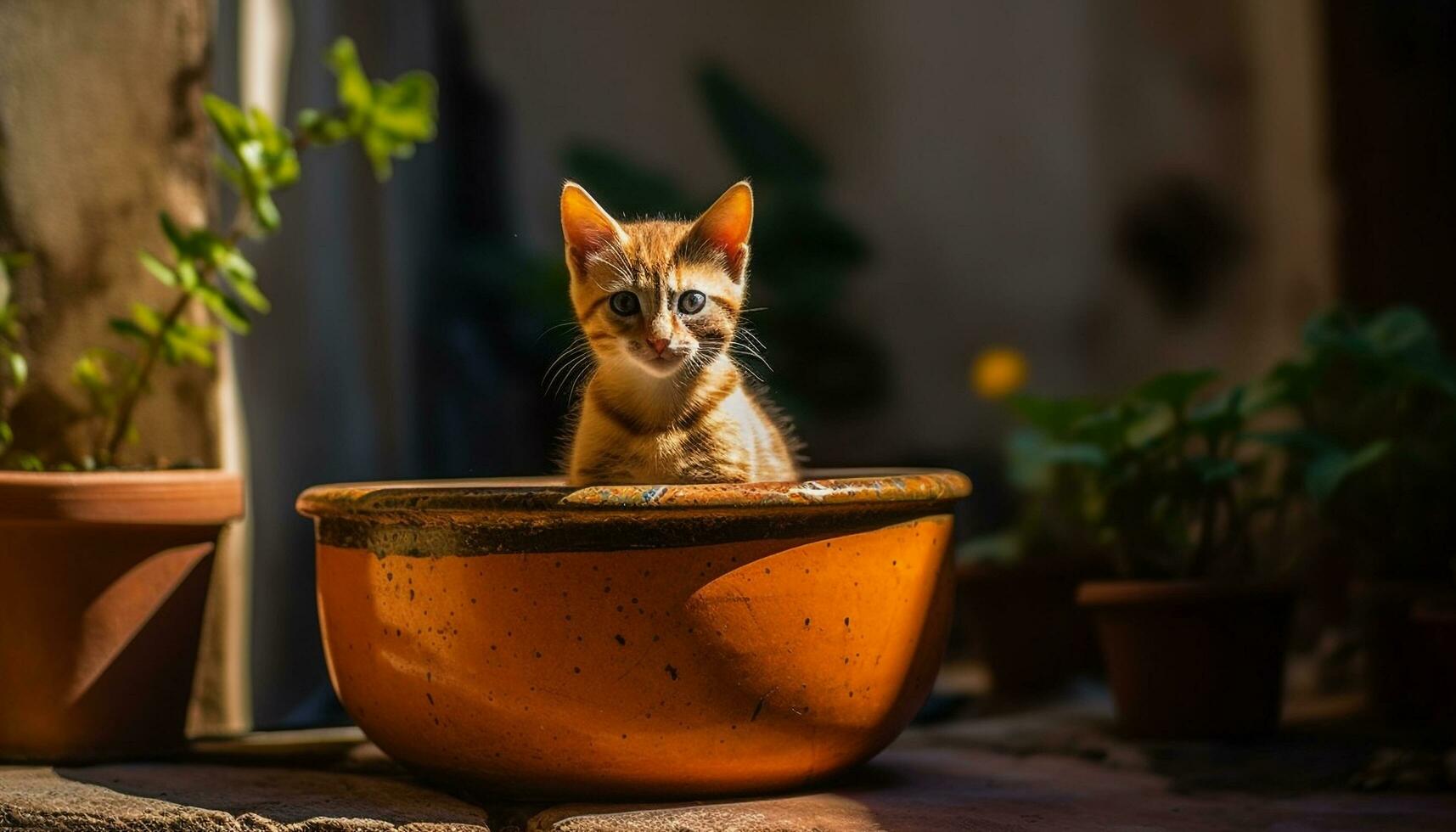 Cute kitten sitting outdoors, looking at camera in summer sunlight generated by AI photo