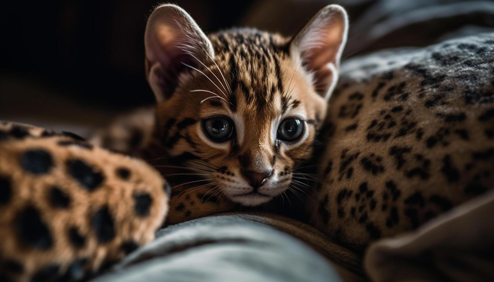 Cute feline kitten with fur, whisker, close up, looking striped indoors generated by AI photo