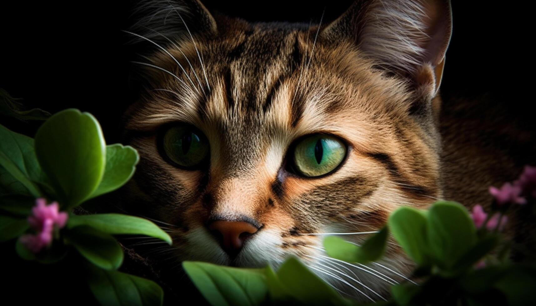 linda gatito con verde ojos curioso a cámara en naturaleza generado por ai foto