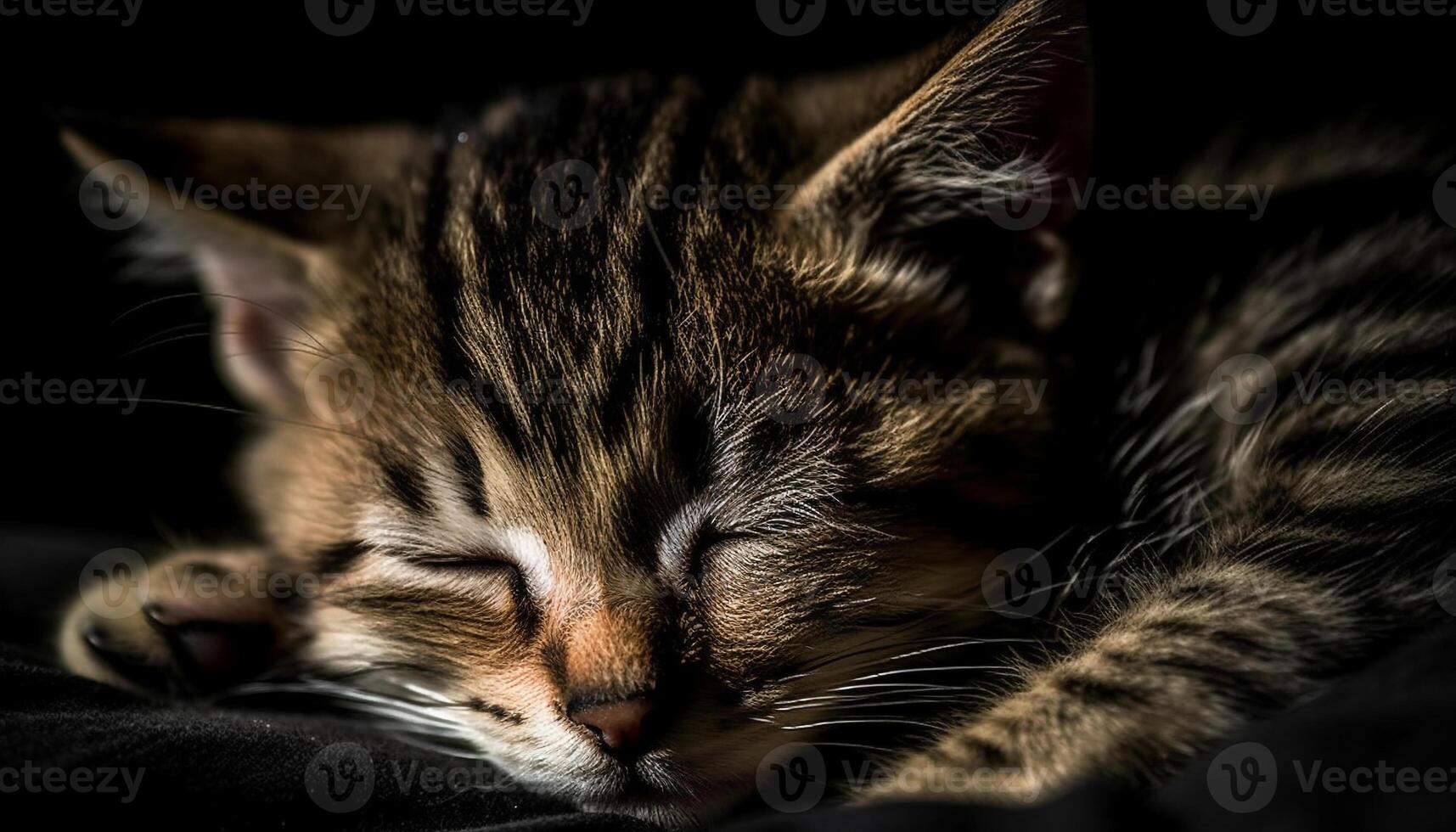 Cute kitten sleeping, whiskers soft, fur striped, eyes staring lovingly generated by AI photo