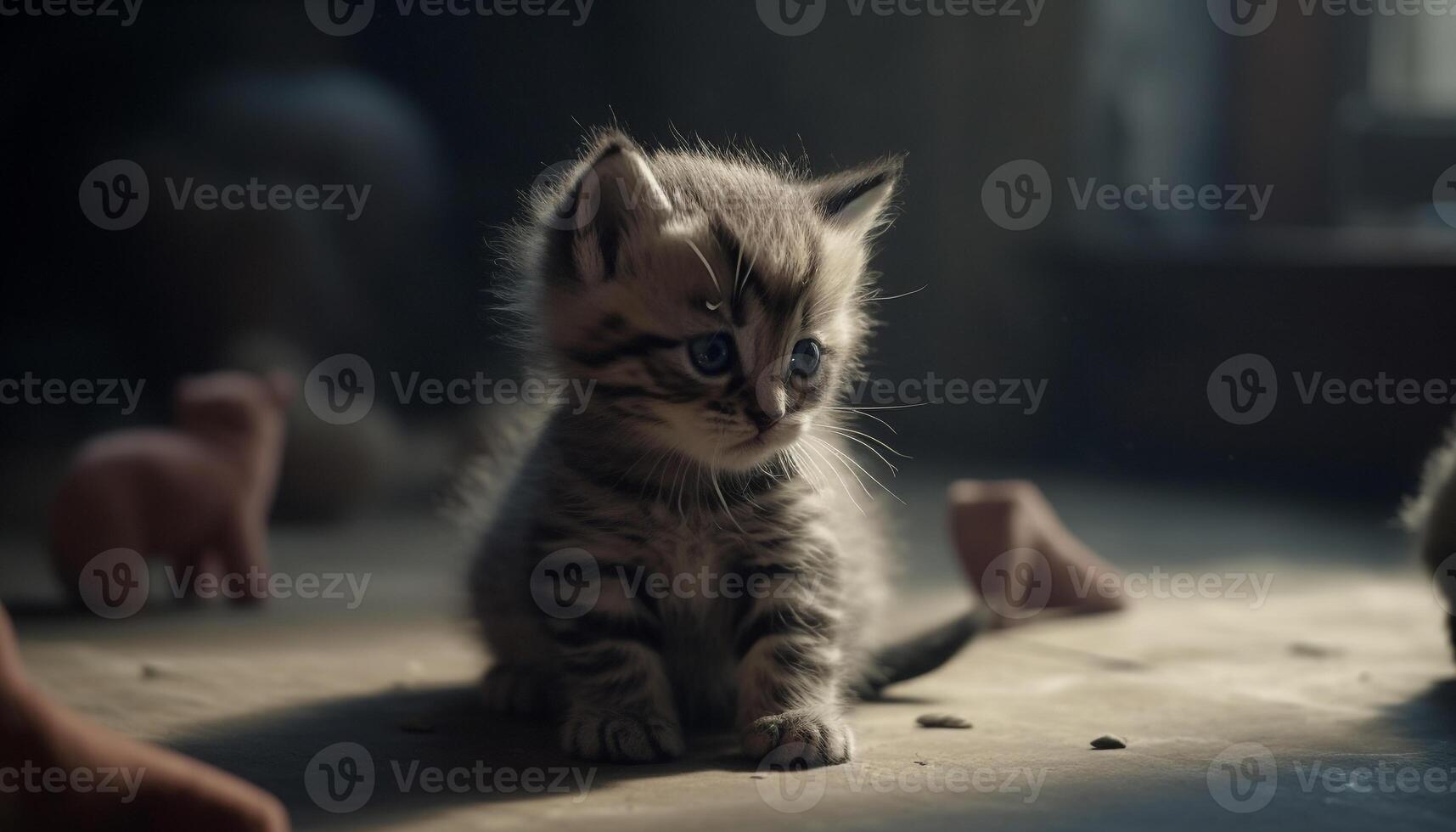 Cute kitten playing with toy, staring at camera, indoors generated by AI photo