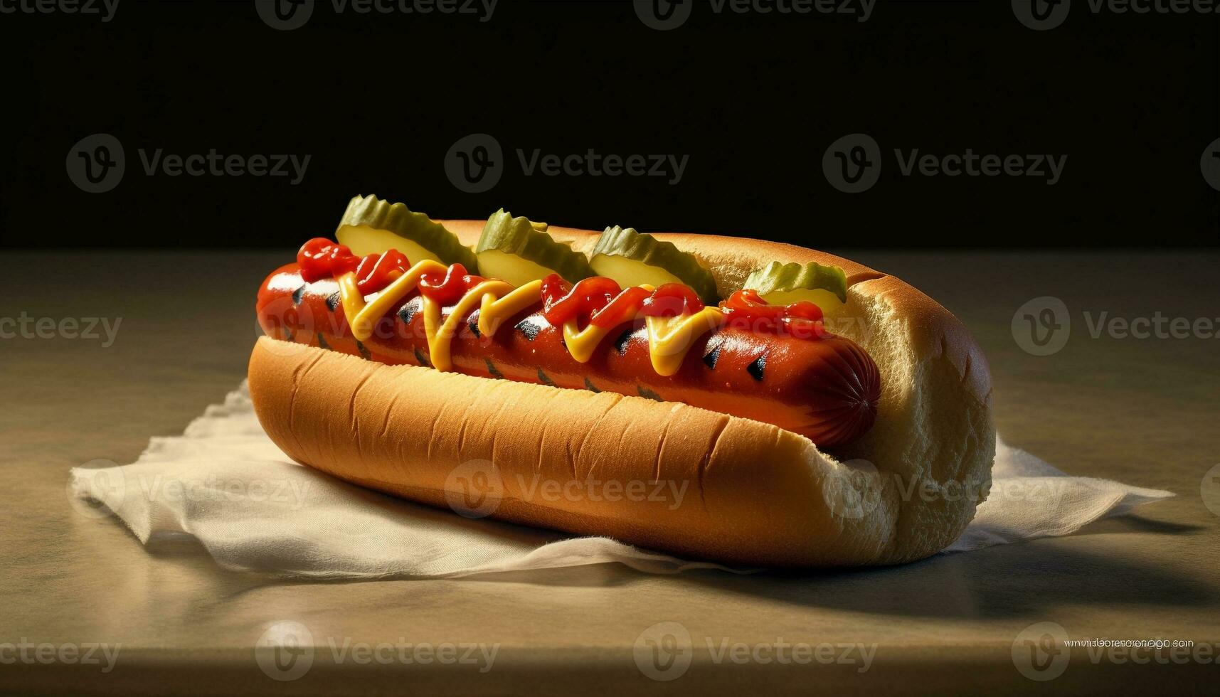 Grilled hot dog on bun, topped with ketchup generated by AI photo