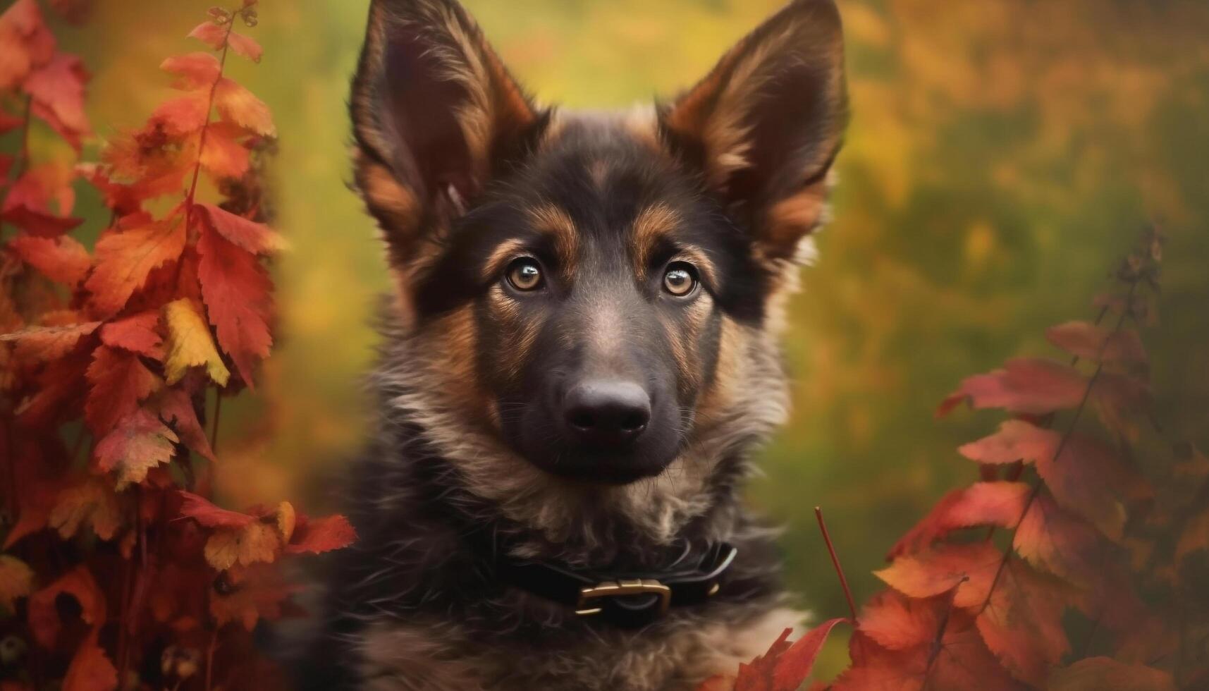 Cute puppy sitting in autumn grass, looking at camera generated by AI photo