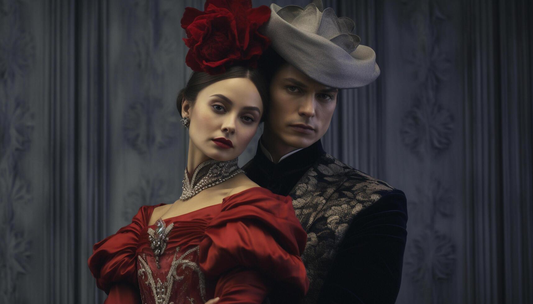 A beautiful couple in elegant attire, looking at camera generated by AI photo