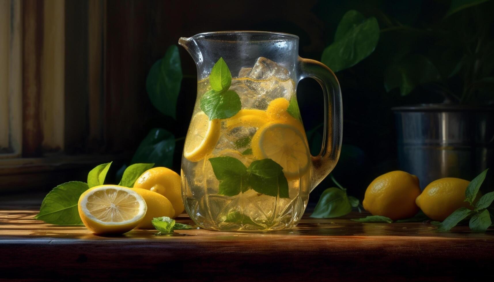 Fresh lemonade on a wooden table, a refreshing summer drink generated by AI photo