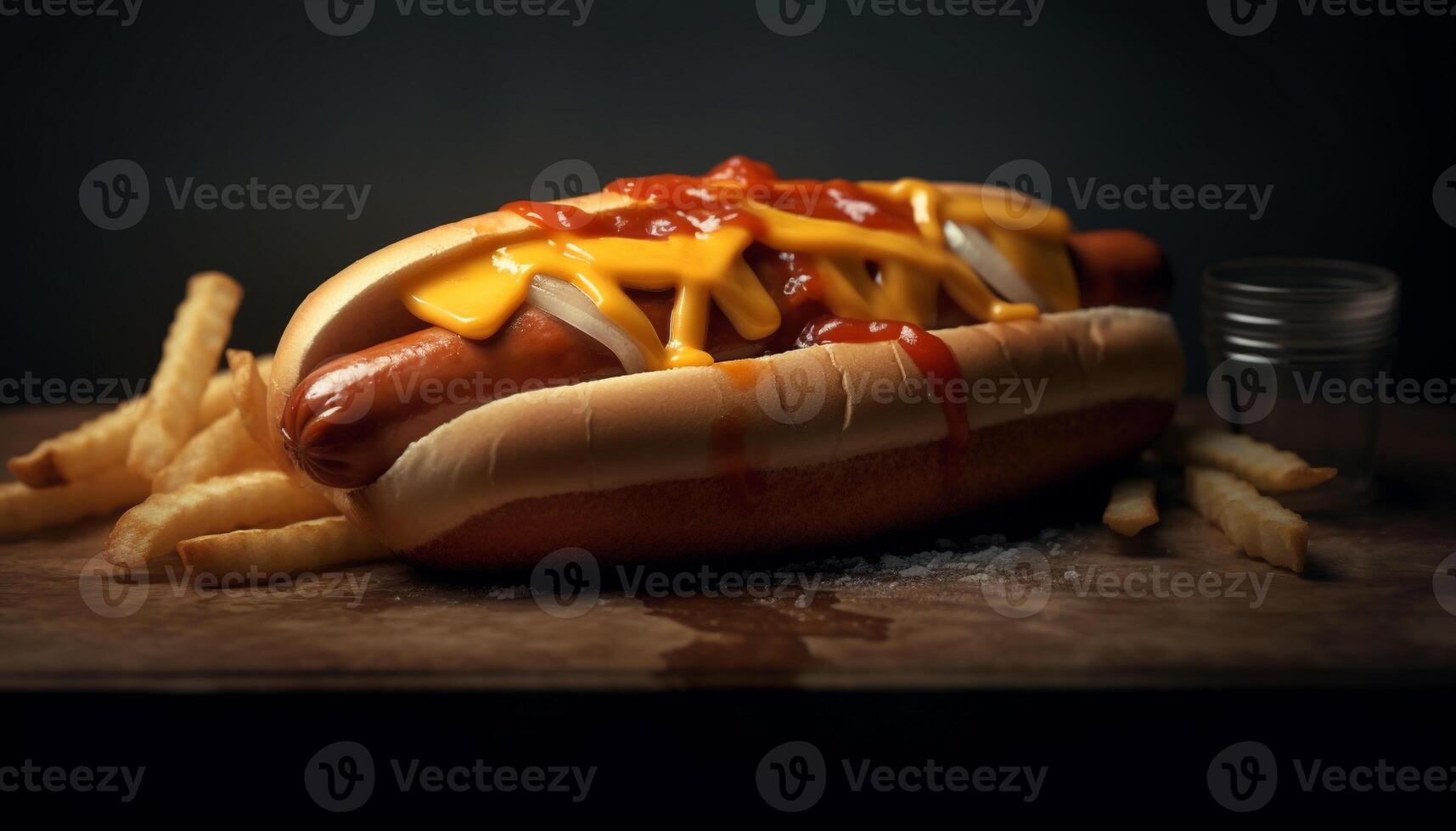 Grilled beef, hot dog, fries, ketchup, unhealthy American snack generated by AI photo