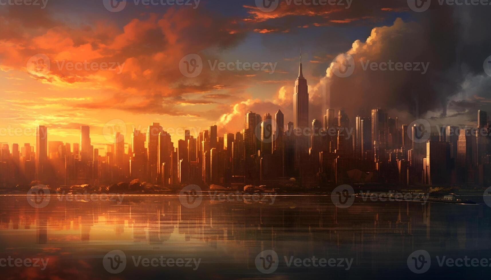Skyscraper cityscape, urban skyline, night architecture, dusk sunset building generated by AI photo