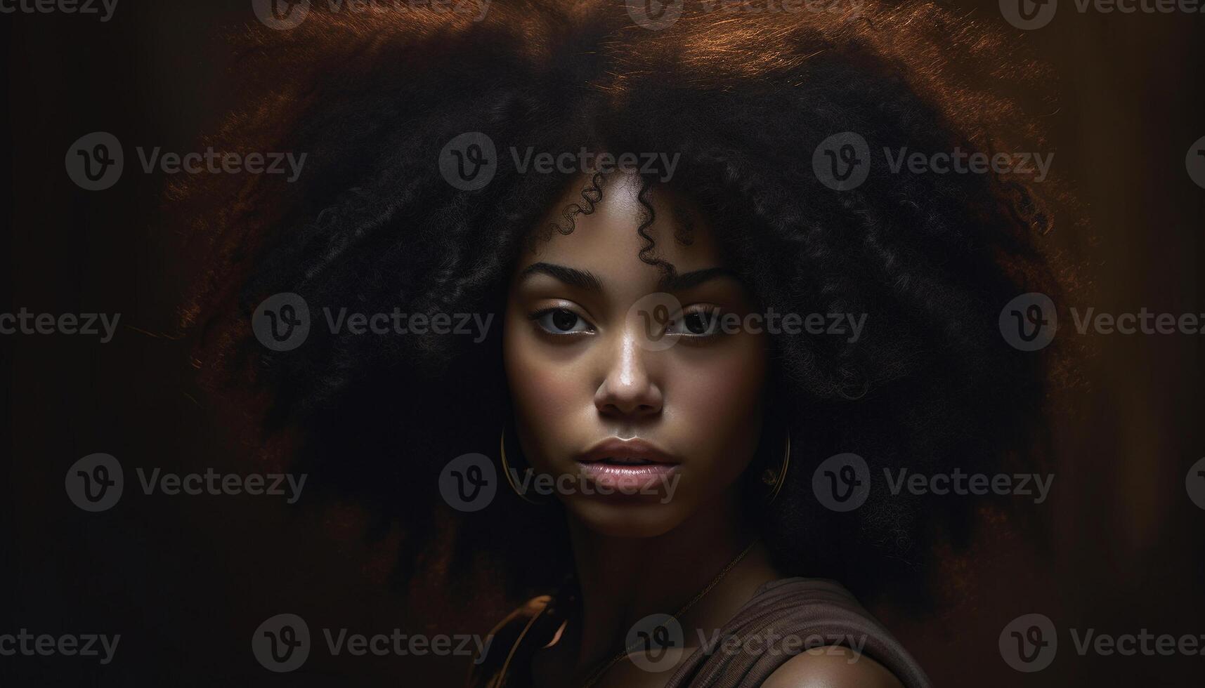 Young woman, beauty, fashion model, brown hair, curly hair, African ethnicity, elegance, confidence, smiling generated by AI photo
