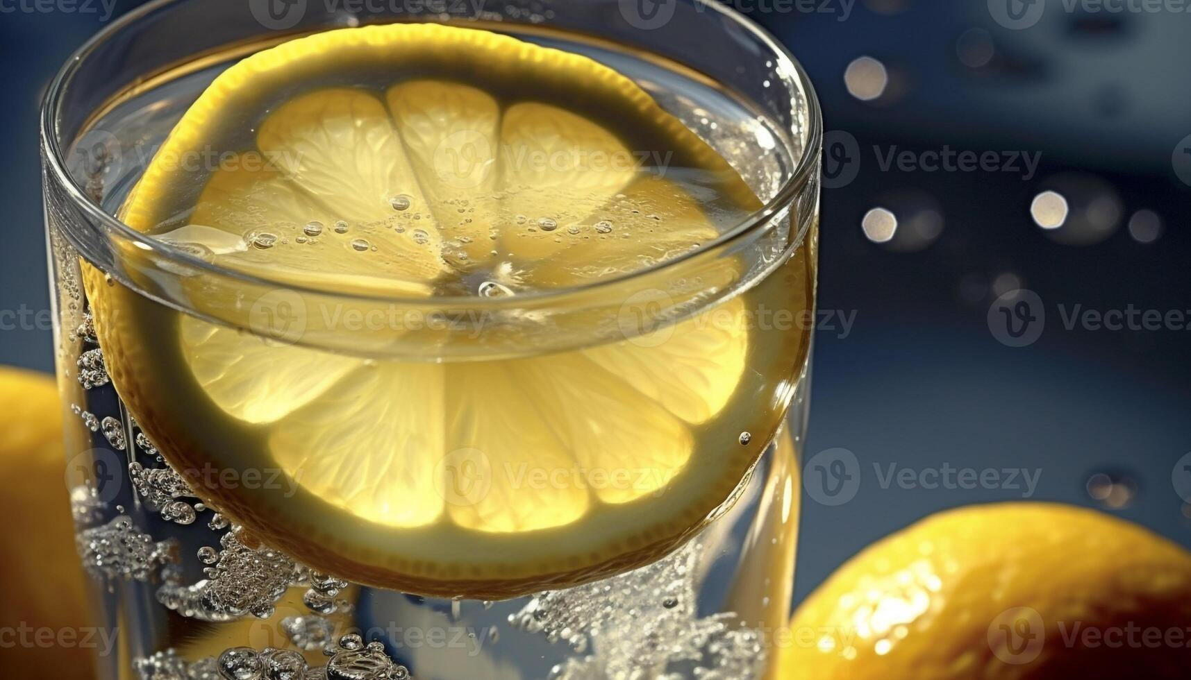 Lemon slice in fresh yellow drink, ice, close up generated by AI photo