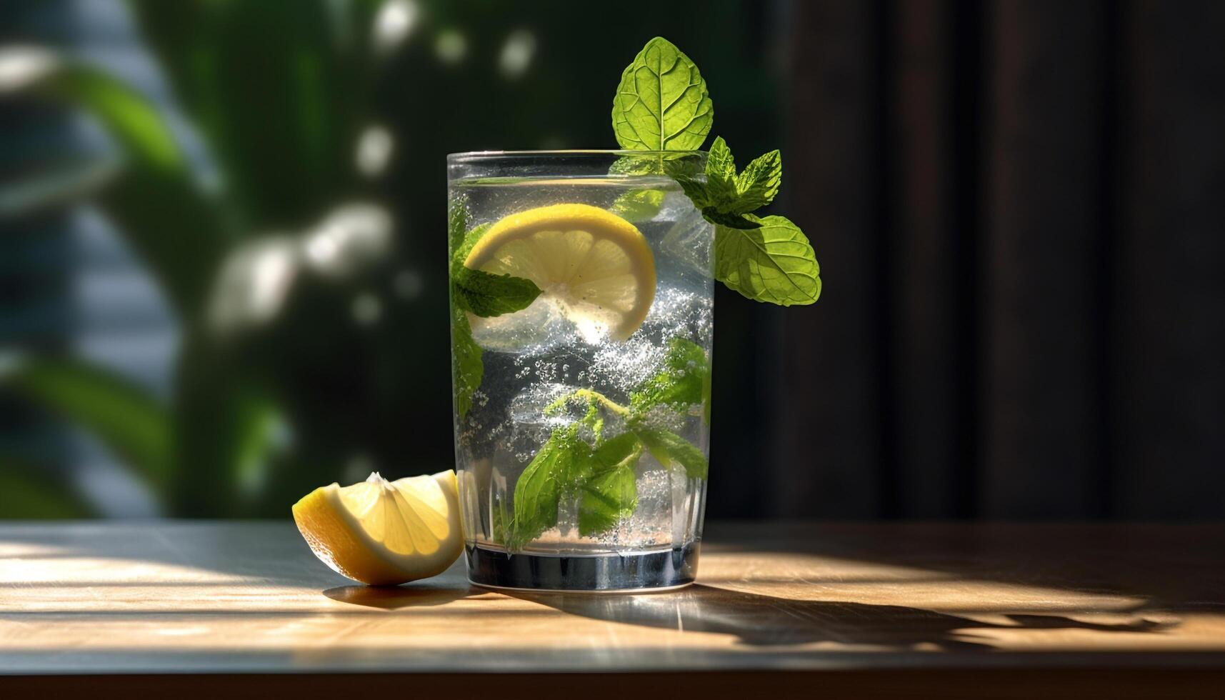 Refreshing summer cocktail on wooden table with citrus fruit generated by AI photo