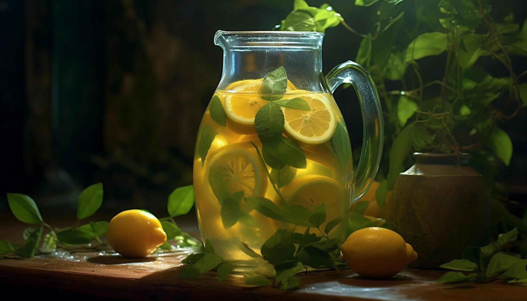 Fresh lemonade on a wooden table, a refreshing summer drink generated by AI photo