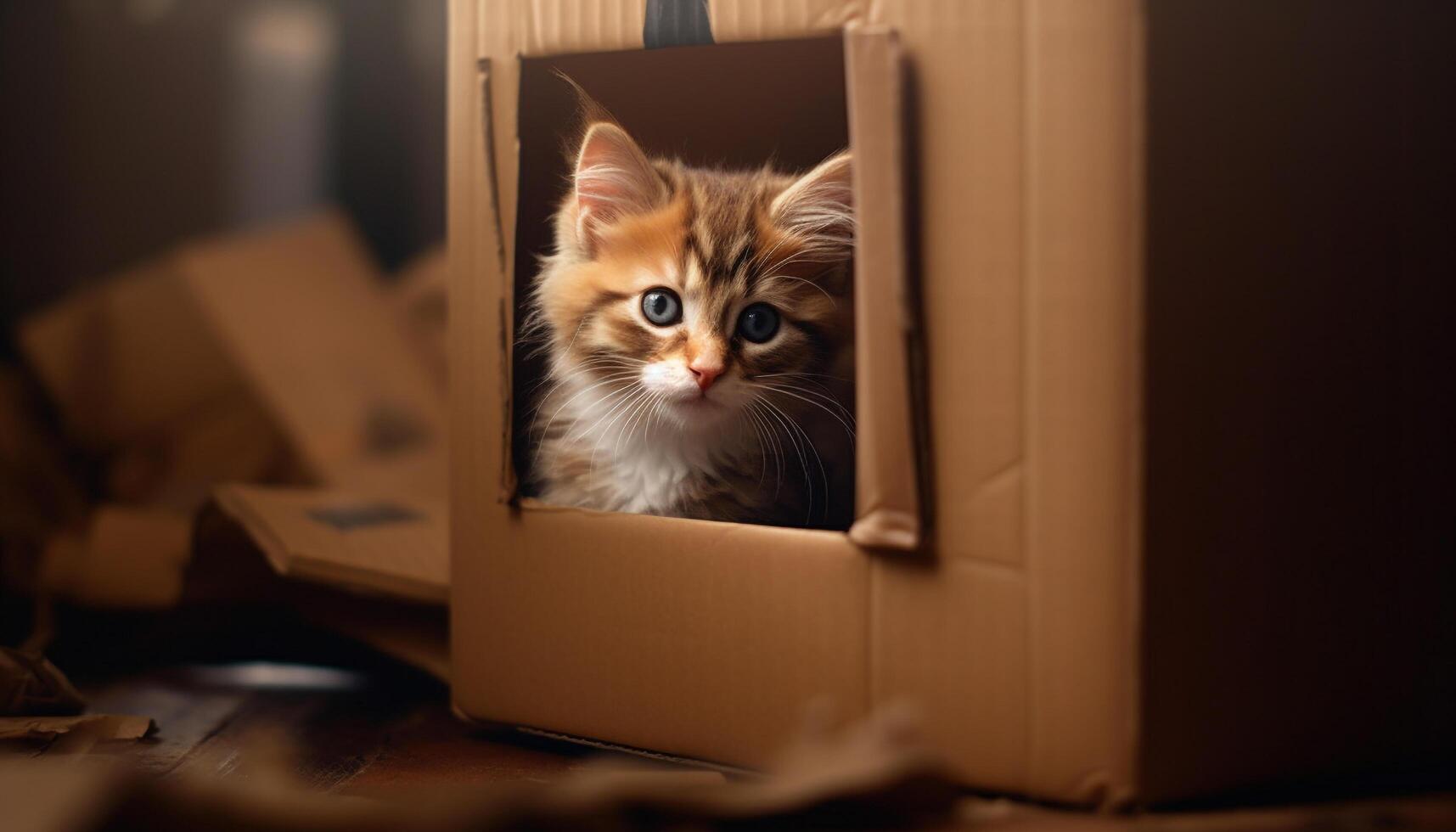 Cute kitten hiding in box, staring with curious eyes generated by AI photo