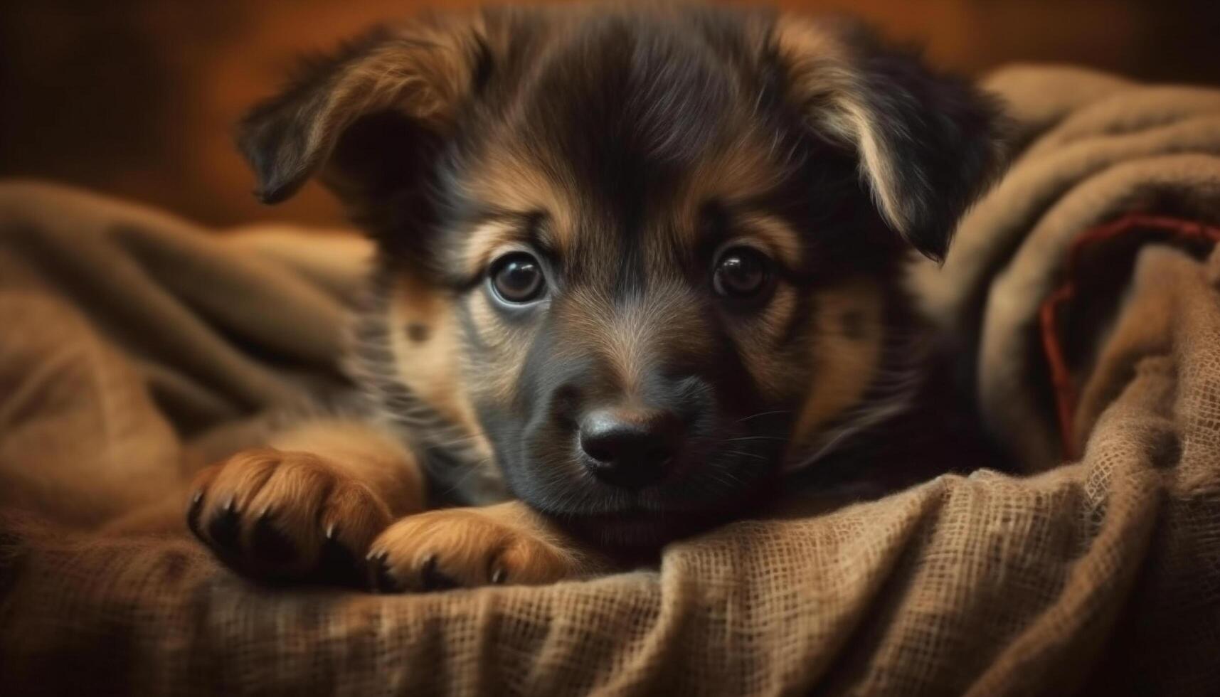 Cute puppy sitting, looking at camera, fluffy and playful generated by AI photo