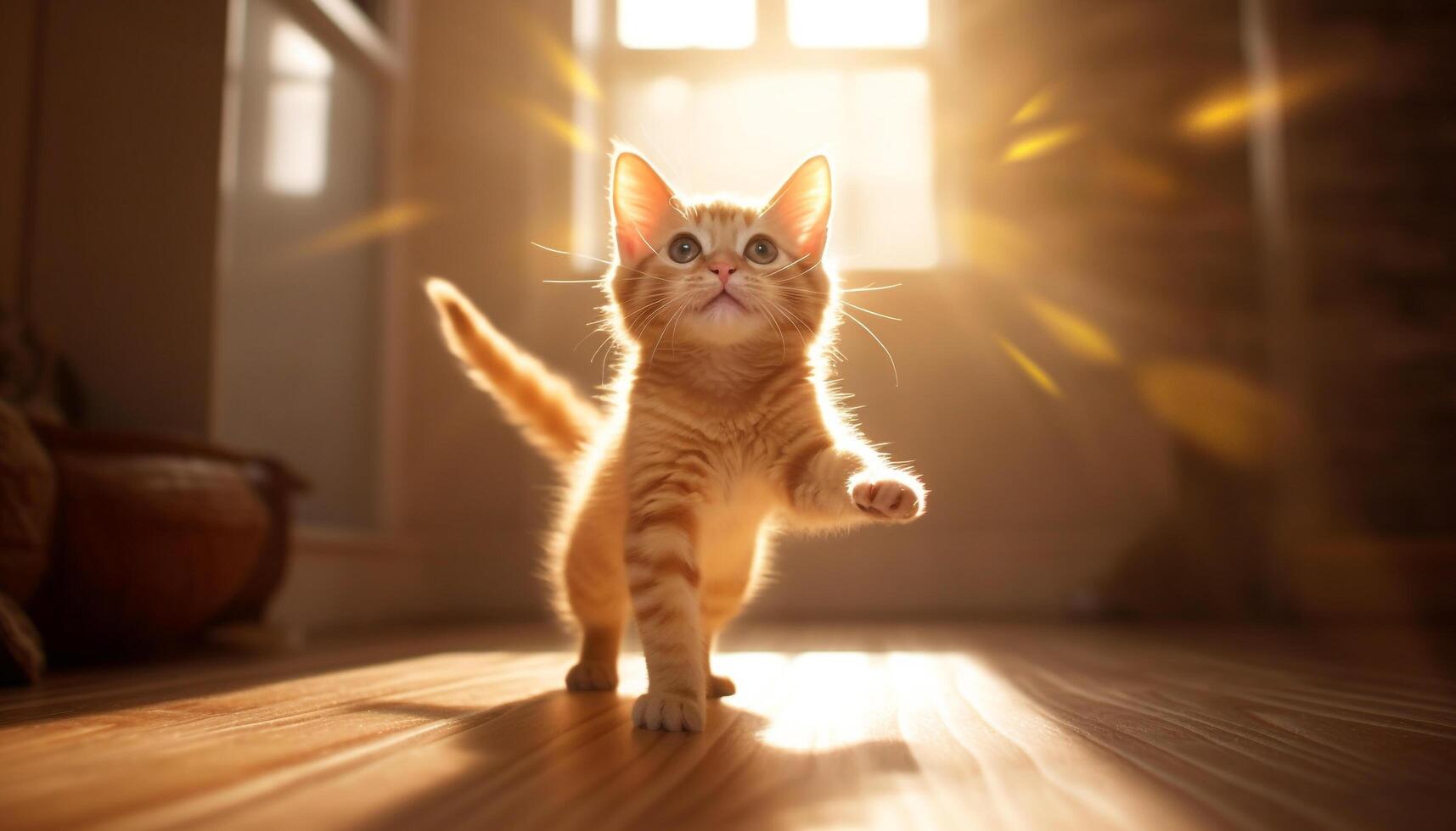 Cute kitten playing, sitting, staring, playful, fluffy, softness, sunlight generated by AI photo