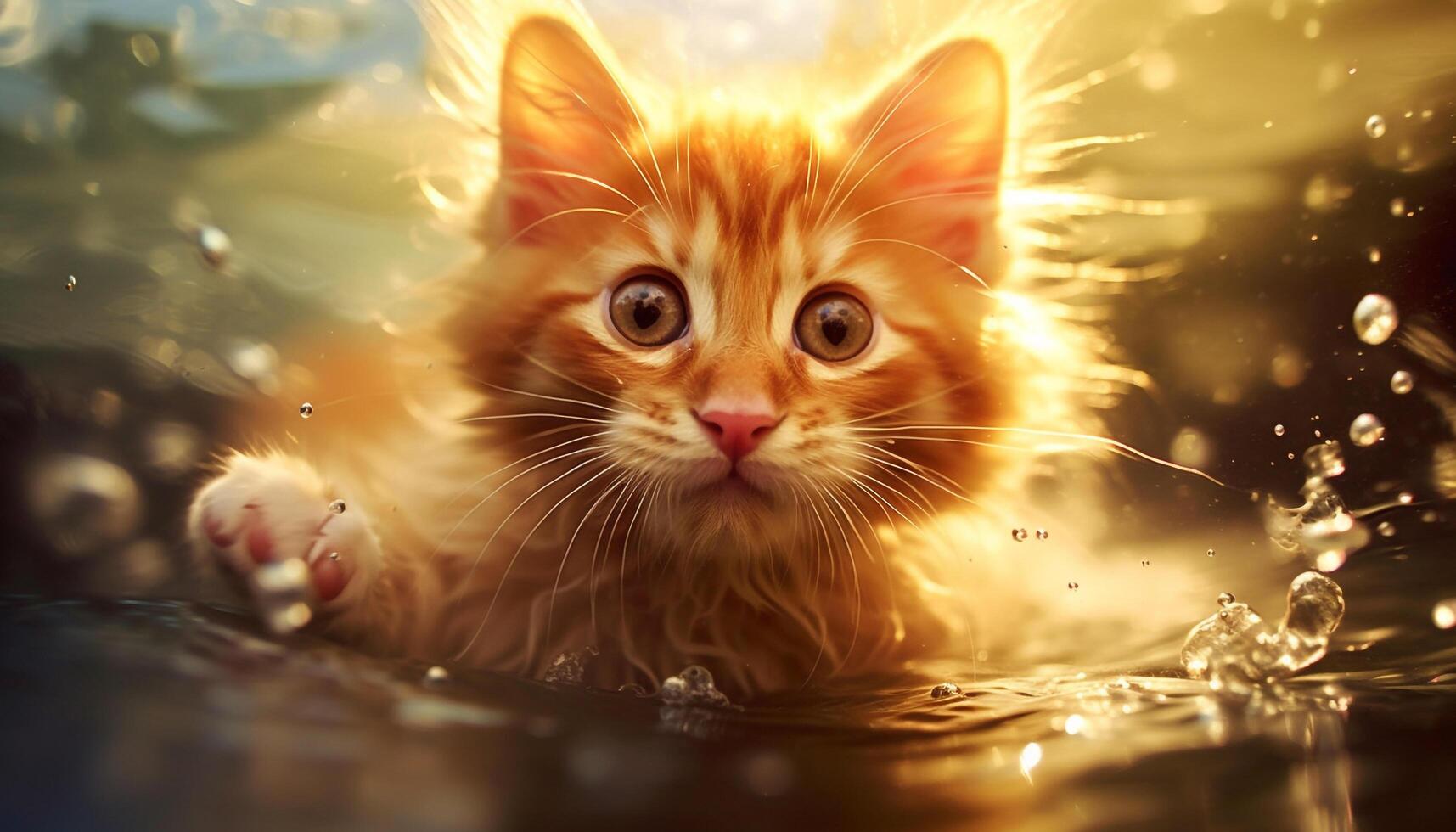 Cute kitten playing outdoors, wet fur, staring at camera generated by AI photo
