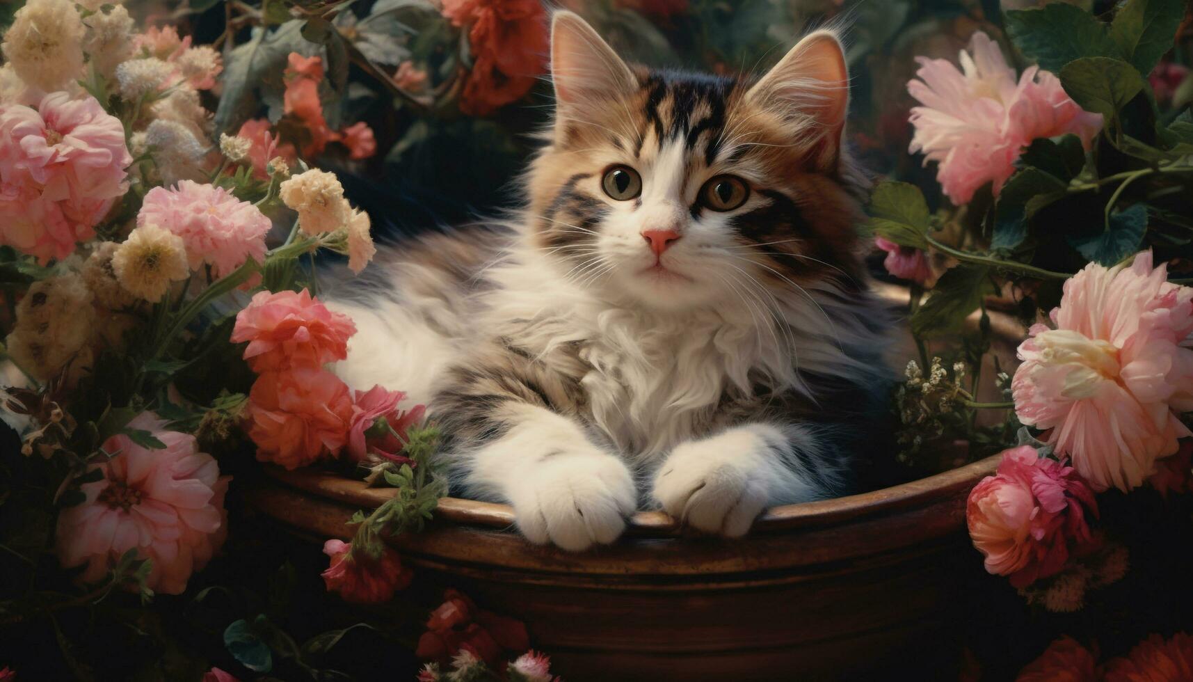 Cute kitten sitting outdoors, looking at camera, surrounded by nature generated by AI photo