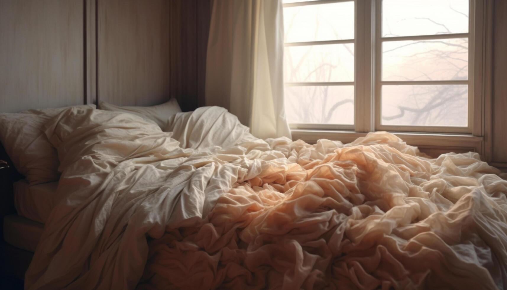 Comfortable bed with fluffy pillows, surrounded by modern elegance generated by AI photo