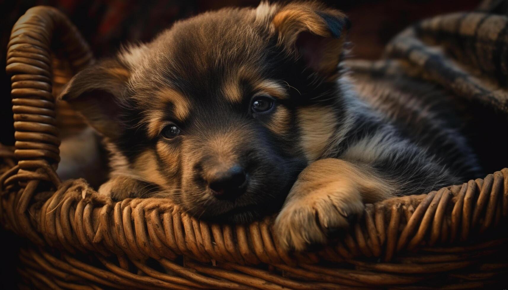 Cute puppy playing outdoors, looking at camera with fluffy fur generated by AI photo
