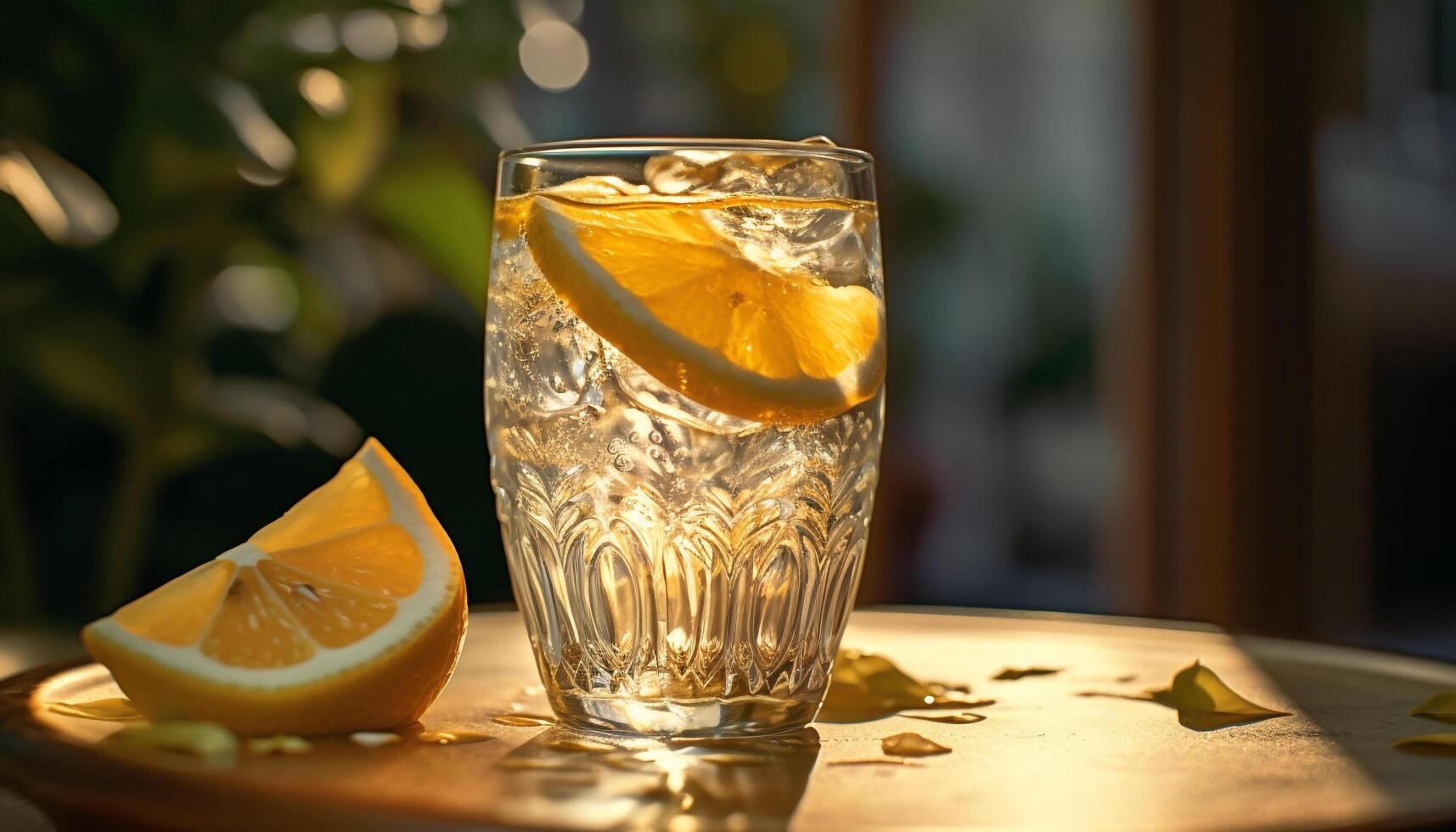 Refreshing lemonade on a wooden table, perfect for summer generated by AI photo